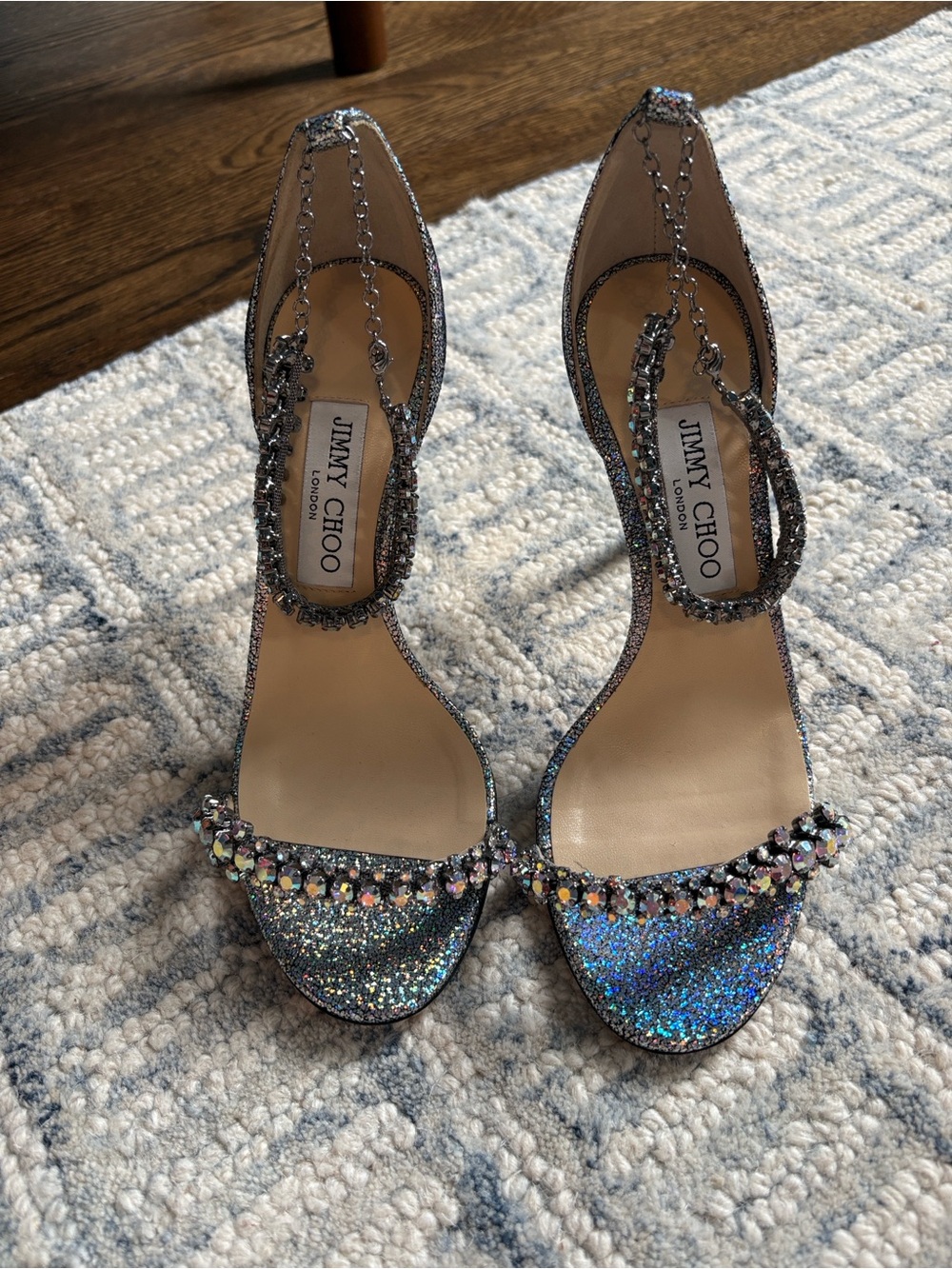 Jimmy Choo Shiloh Iridescent and Crystal Ankle-Strap Sandals Sz 37.5